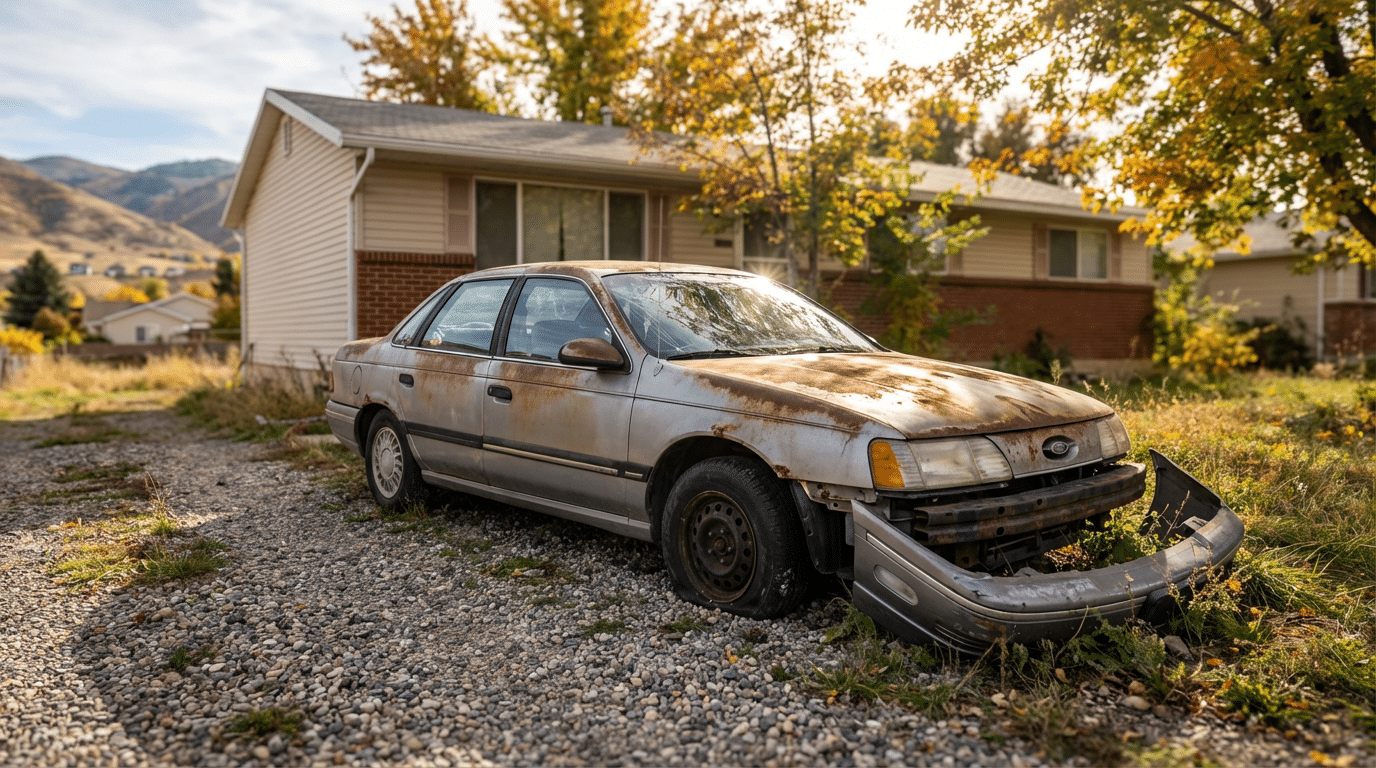 A rusted, abandoned sedan with a detached front bumper sits on gravel in front of a house with overgrown grass and autumn trees—an ideal candidate for Instant Cash for Vehicles in Salt Lake City.