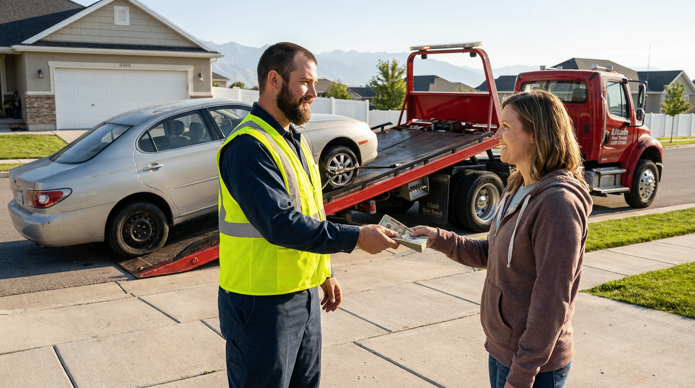 A woman hands cash to a tow truck driver in a safety vest, choosing a stress-free solution as her car is loaded onto the tow truck in a suburban neighborhood—a smart alternative to costly car repairs.