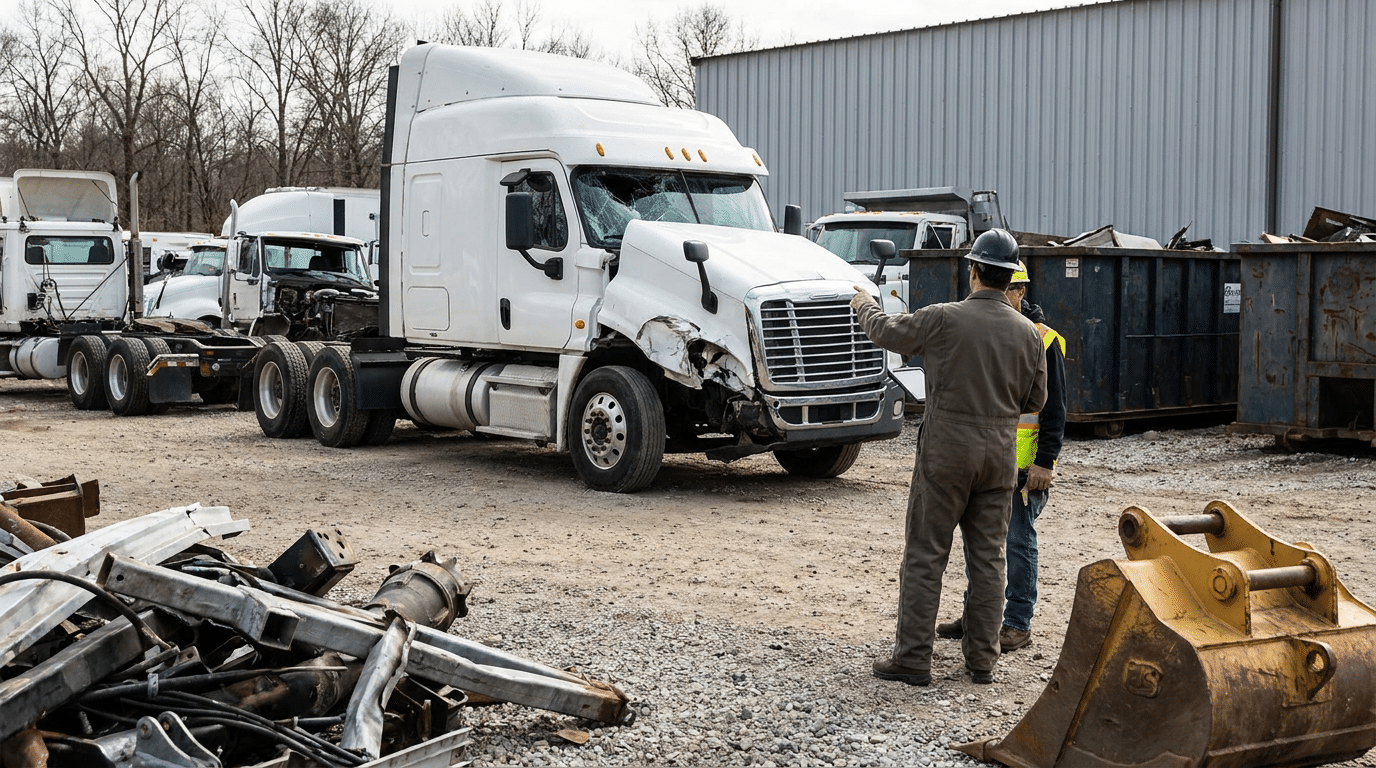 Two workers stand near a totaled commercial truck in a scrapyard, surrounded by other trucks, debris, and dumpsters on a gravel lot.