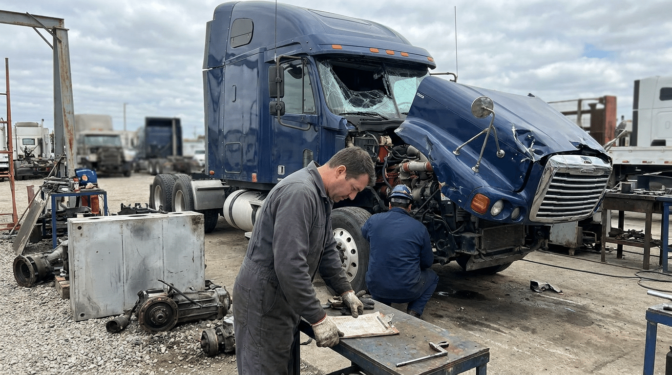Two mechanics work on repairing a totaled commercial truck, a blue semi with a broken windshield and raised hood, in an outdoor repair yard scattered with various truck parts and tools.