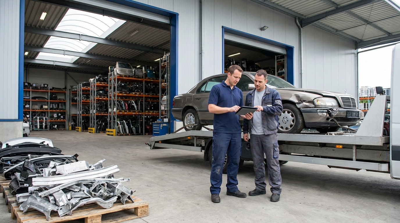 Two men stand next to a flatbed truck with a damaged car, discussing something on a clipboard outside an auto repair shop—possibly reviewing a guide to selling a totaled car, with car parts and tools visible in the background.