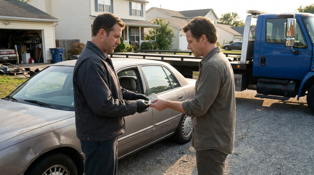 Two men stand next to a parked car and a tow truck. One man hands quick cash to the other on a suburban driveway in daylight, showcasing an all-condition buying service that makes selling your car easy and convenient.