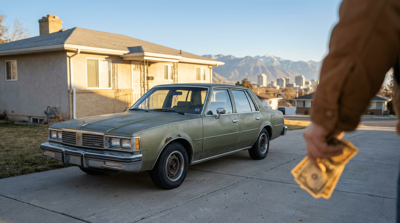 A person holding cash approaches an old green sedan parked in a residential driveway, with Salt Lake City houses and city buildings visible in the background.