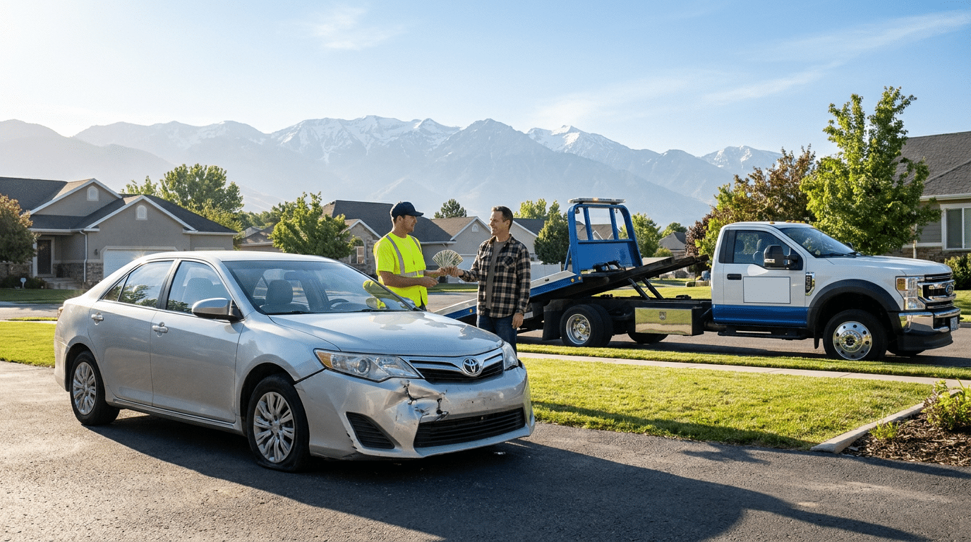 A damaged silver sedan is parked on a suburban street as a tow truck driver talks to a man about selling his non-running car, with mountains and houses in the background.