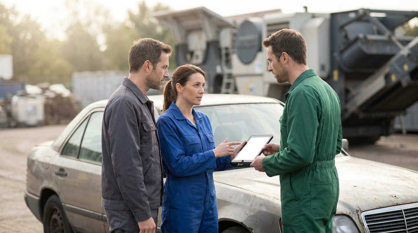 Three people in coveralls stand by a car outdoors. One holds a tablet while the others listen, appearing to discuss something related to the vehicle—possibly options for no-title vehicle disposal. Machinery is visible in the background.