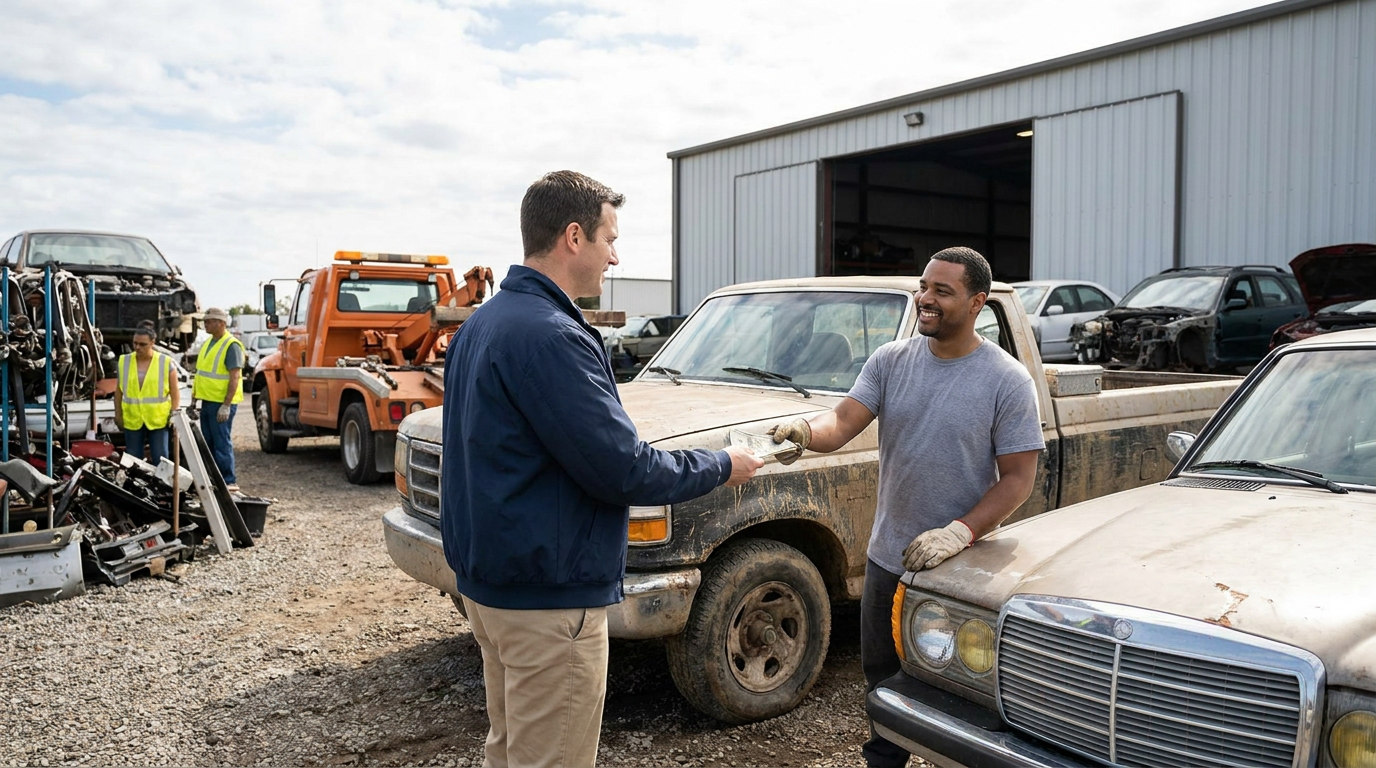 A man hands quick cash to another man by a car in a scrapyard, with several vehicles, workers, and a large garage visible in the background.